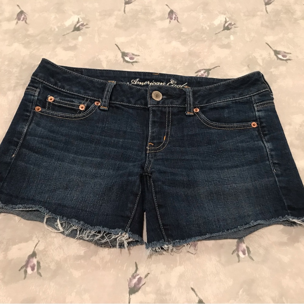 American Eagle Dark-Wash Shorts with Frayed Bottoms